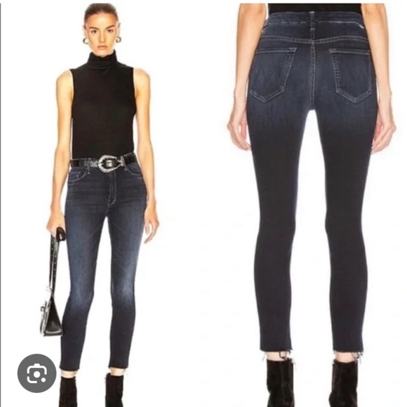 MOTHER HIGH WAISTED LOOKER ANKLE FRAY IN LAST CALL DARK WASH HI RISE STRETCH DNM - Picture 1 of 16